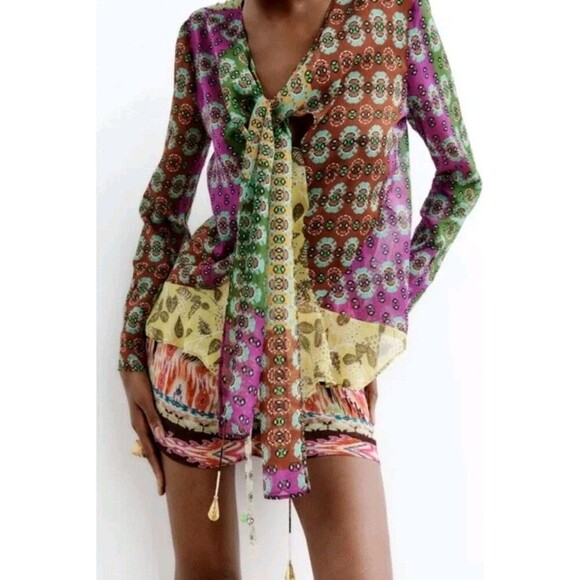 Zara Tops - ZARA Zodiac Multicolor Printed Boho Blouse Shirt Bow Tie Sz XS Crystal Drops 143